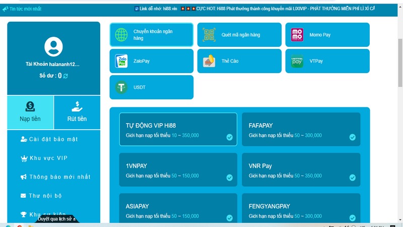 Nạp tiền Hi88 bằng VPay hỗ trợ 24/7